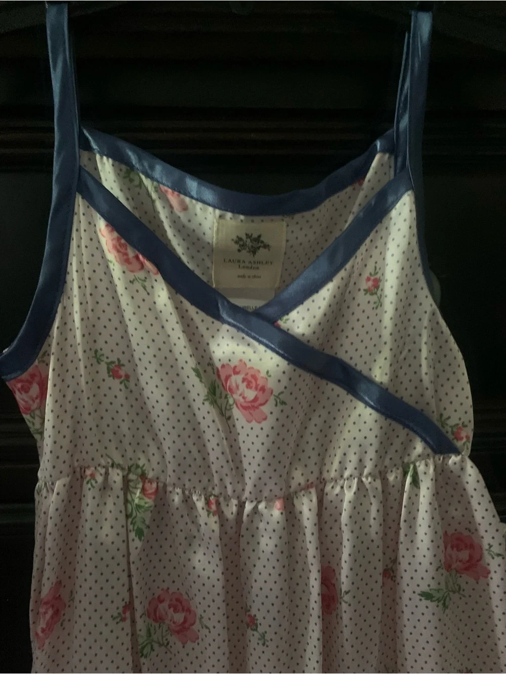 Laura Ashley White Floral Nightgown with Pink Roses and Blue Trim
